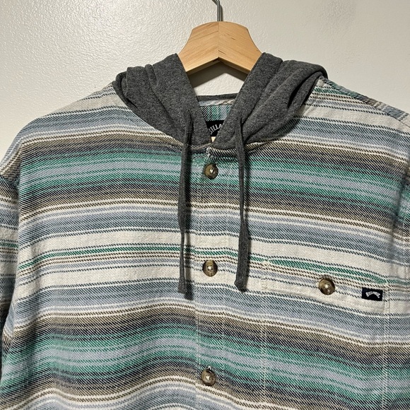 Billabong Men’s Hooded Button-Down Shirt Jacket  - Medium – Green Gray Striped - Picture 14 of 15